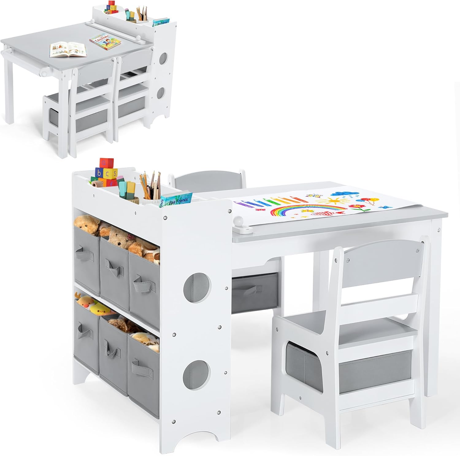Art And Craft For Nursery - キッズアートテーブル＆チェアセット、木製幼児用アクティビティテーブル、子供の絵描き、読書、学習、工作、遊び用、取り外し可能なビン8個、プレイルーム、保育園用ペーパーロール、グレー